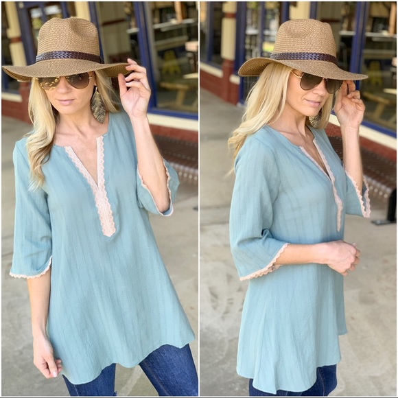 Infinity Raine Tops - ✨RESTOCKED✨Sage lace trim cotton tunic Infinity Raine Tops - ✨RESTOCKED✨Sage lace trim cotton tunic